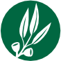 Dark green circle with a white gum leaf and gum nut branch.