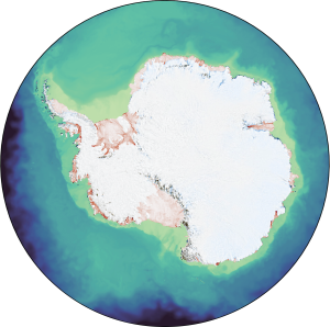 A top-down view of Antarctica, produced by the output of a model.